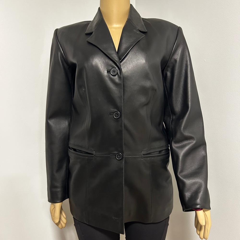 Preston & York Black Genuine Lambskin Leather Blazer Jacket Magenta Lining Small